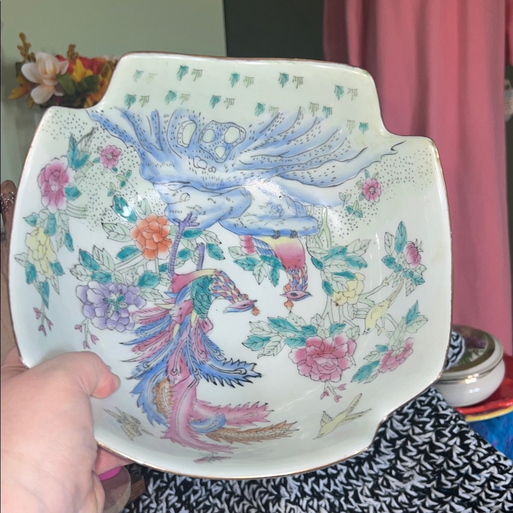 Vintage Chinese Satsuma Bowl Birds Of Paradise with Wood Stand - Picture 7 of 14